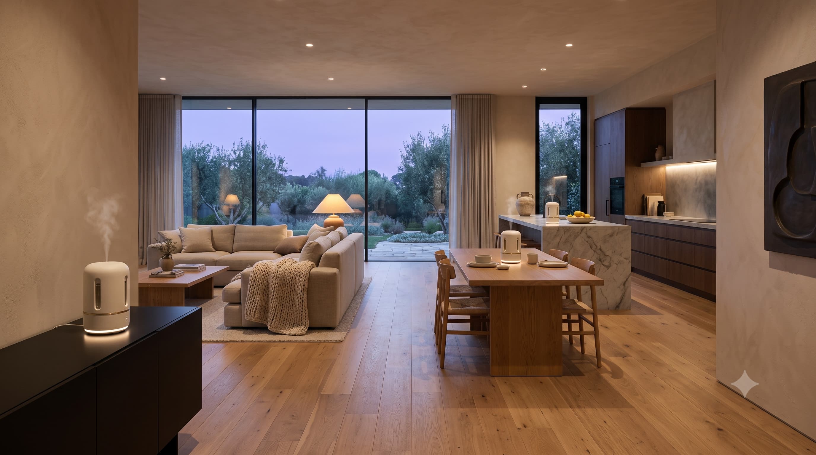 Open-plan living, dining and kitchen at dusk with AromaIQ diffusers in each zone